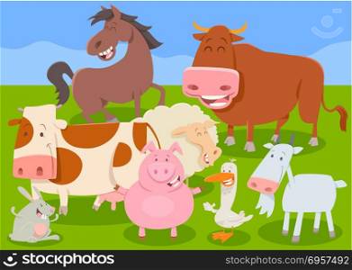 Cartoon Illustration of Farm Animal or Livestock Characters Group. funny farm animal characters group