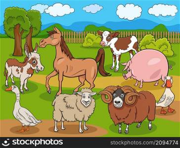Cartoon illustration of farm animals characters group in the countryside