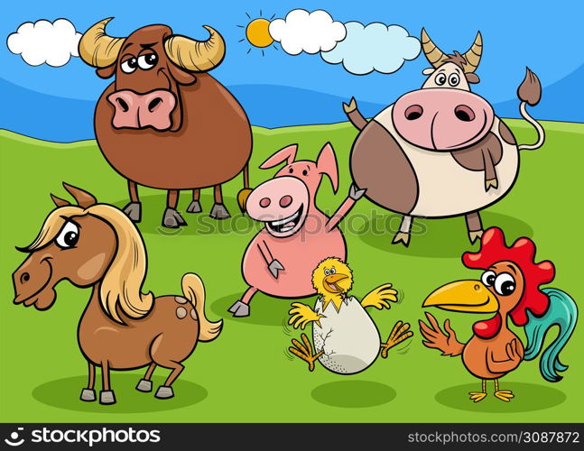 Cartoon illustration of farm animals characters group in the countryside