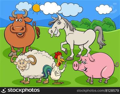 Cartoon illustration of farm animals characters group in the meadow