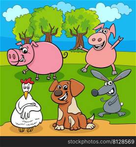 Cartoon illustration of farm animals characters in the meadow
