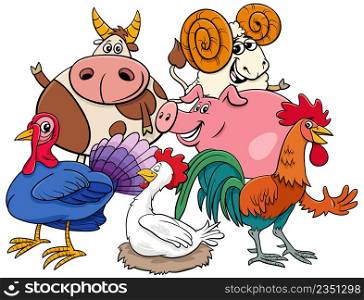 Cartoon illustration of farm animals comic characters group
