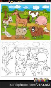 Cartoon illustration of farm animals comic characters group coloring book page