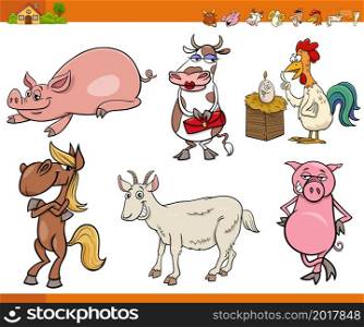 Cartoon illustration of farm animals comic characters set