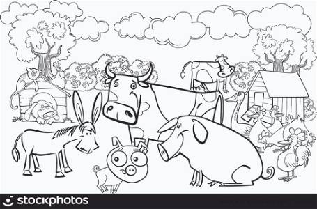 cartoon illustration of farm animals group for coloring book