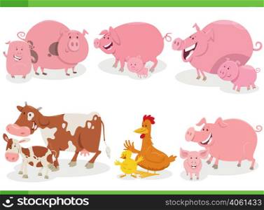 Cartoon illustration of farm animals with babies characters set