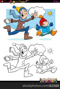 Cartoon Illustration of Father and Little Son Throwing Snowballs and Having Fun on Winter Time Coloring Book Activity