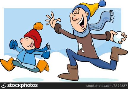 Cartoon Illustration of Father and Little Son Throwing Snowballs and Having Fun on Winter Time