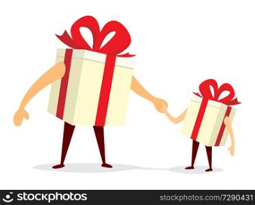 Cartoon illustration of father gift holding hands with son
