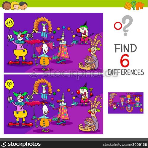 Cartoon Illustration of Find and Spot Six Differences Between Pictures Educational Activity Game for Kids with Clown Characters Group