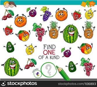 Cartoon Illustration of Find One of a Kind Educational Activity Game for Children with Fruits Funny Characters