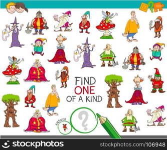 Cartoon Illustration of Find One of a Kind Educational Activity Game for Children with Fantasy Characters