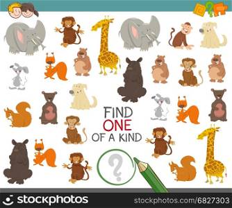 Cartoon Illustration of Find One of a Kind Educational Activity Game for Preschool Children with Cute Animal Characters