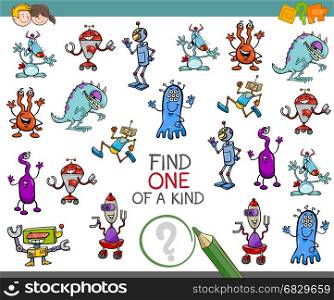 Cartoon Illustration of Find One of a Kind Educational Activity Game for Children with Fantasy Characters
