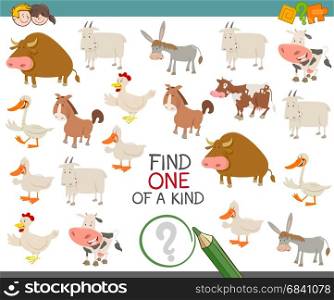 Cartoon Illustration of Find One of a Kind Educational Activity Game for Children with Farm Animal Characters