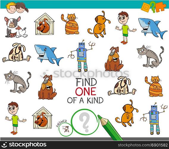 Cartoon Illustration of Find One of a Kind Educational Activity Game for Children with Funny Characters