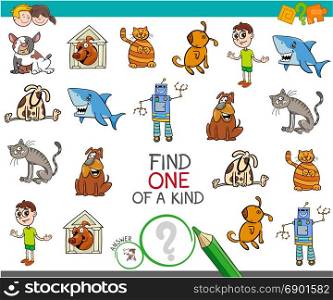 Cartoon Illustration of Find One of a Kind Educational Activity Game for Children with Funny Characters