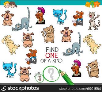 Cartoon Illustration of Find One of a Kind Educational Activity Game for Children with Comic Characters