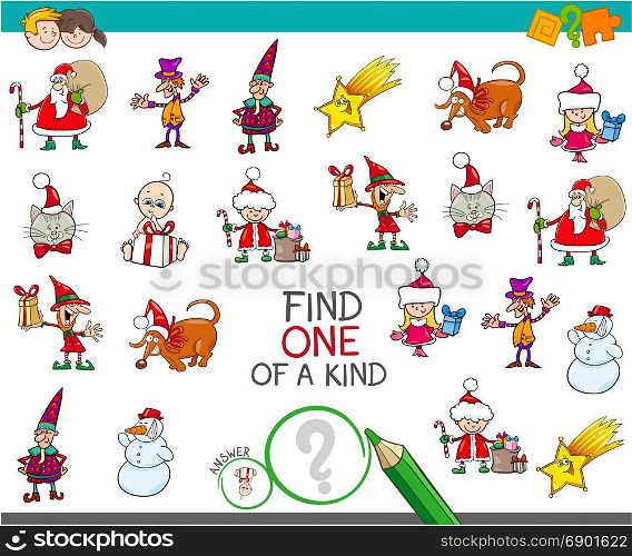 Cartoon Illustration of Find One of a Kind Educational Activity Game for Children with Christmas Characters