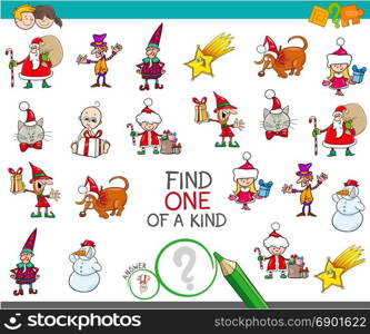 Cartoon Illustration of Find One of a Kind Educational Activity Game for Children with Christmas Characters