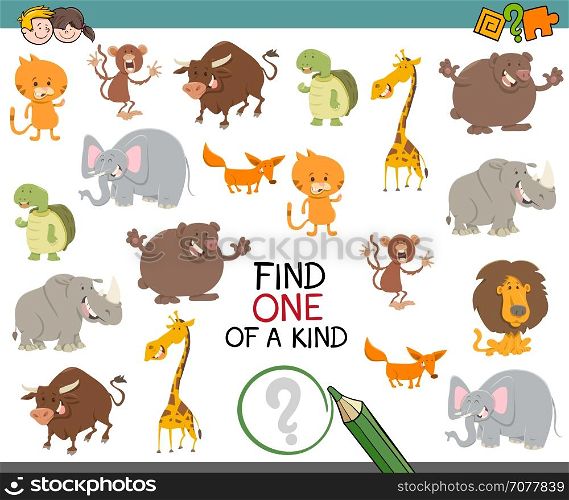 Cartoon Illustration of Find One of a Kind Educational Activity Game for Preschool Children with Animals