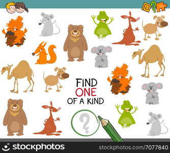 Cartoon Illustration of Find One of a Kind Educational Activity Game for Children with Animal Characters