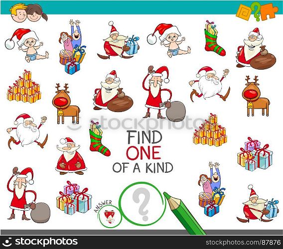 Cartoon Illustration of Find One of a Kind Educational Activity Game for Children with Santa and Christmas Characters