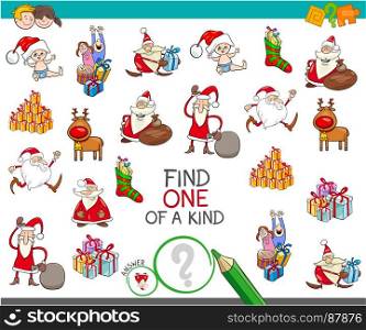 Cartoon Illustration of Find One of a Kind Educational Activity Game for Children with Santa and Christmas Characters
