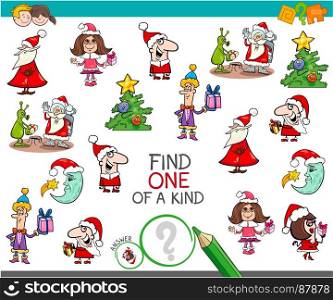 Cartoon Illustration of Find One of a Kind Educational Activity Game for Children with Christmas Characters and Objects