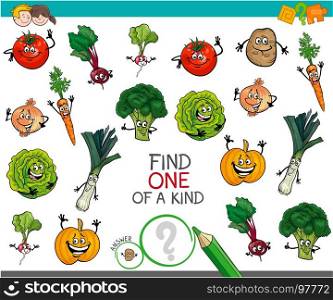 Cartoon Illustration of Find One of a Kind Educational Activity Game for Children with Vegetables Comic Characters