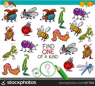 Cartoon Illustration of Find One of a Kind Educational Activity Game for Children with Insects Comic Characters