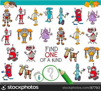 Cartoon Illustration of Find One of a Kind Educational Activity Game for Children with Robots Fantasy Characters
