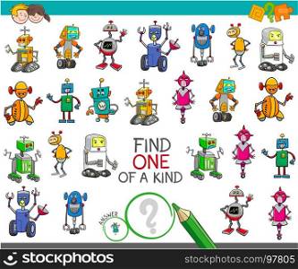 Cartoon Illustration of Find One of a Kind Educational Activity Game for Children with Robots Machines Characters