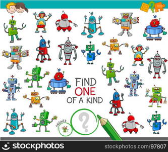 Cartoon Illustration of Find One of a Kind Educational Activity Game for Children with Robots Science Fiction Characters