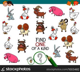 Cartoon Illustration of Find One of a Kind Picture Educational Activity Game for Children with Farm Animal Characters