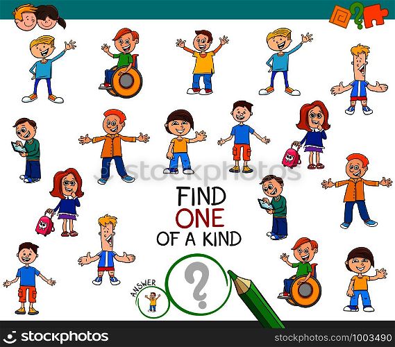 Cartoon Illustration of Find One of a Kind Picture Educational Activity Game for Children with Kids and Teens Characters