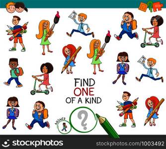 Cartoon Illustration of Find One of a Kind Picture Educational Activity Game for Children with School Kids and Teens Characters