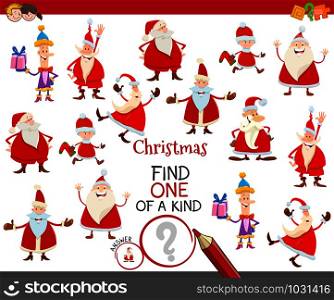 Cartoon Illustration of Find One of a Kind Picture Educational Activity Game for Children with Santa Claus and Christmas Holiday Characters