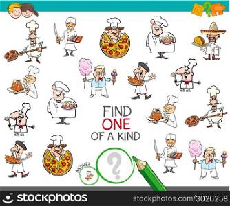 Cartoon Illustration of Find One of a Kind Picture Educational Activity Game for Children with Chef Characters