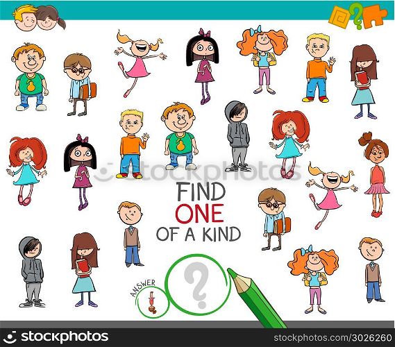 Cartoon Illustration of Find One of a Kind Picture Educational Activity Game for Children with Boys and Girls Characters