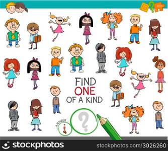 Cartoon Illustration of Find One of a Kind Picture Educational Activity Game for Children with Boys and Girls Characters