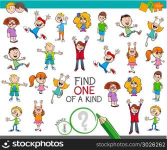Cartoon Illustration of Find One of a Kind Picture Educational Activity Game for Children with Kid Characters