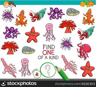 Cartoon Illustration of Find One of a Kind Picture Educational Activity Game for Kids with Sea Life Animal Characters