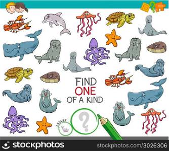 Cartoon Illustration of Find One of a Kind Picture Educational Activity Game for Kids with Marine Life Animal Characters