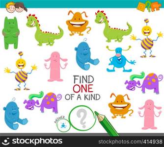 Cartoon Illustration of Find One of a Kind Picture Educational Activity Game with Cute Monsters or Aliens Fantasy Characters