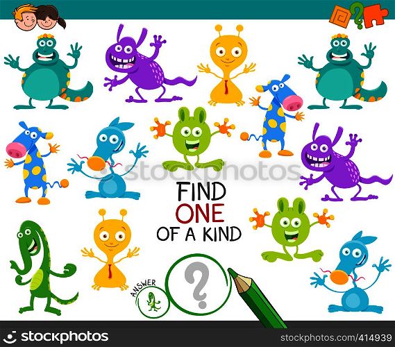 Cartoon Illustration of Find One of a Kind Picture Educational Activity Game with Funny Monsters or Aliens Fantasy Characters