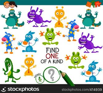 Cartoon Illustration of Find One of a Kind Picture Educational Activity Game with Funny Monsters or Aliens Fantasy Characters