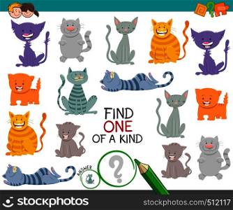 Cartoon Illustration of Find One of a Kind Picture Educational Activity Game with Funny Cats and Kitten Animal Characters