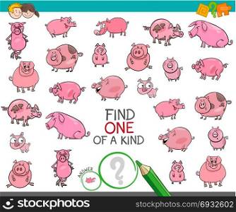 Cartoon Illustration of Find One of a Kind Picture Educational Activity Game for Children with Pig and Piglet Characters