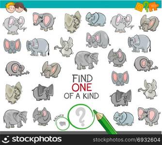Cartoon Illustration of Find One of a Kind Picture Educational Activity Game for Children with Elephant Characters